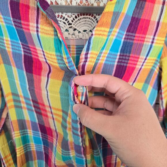 Soft Surroundings Kona Shores Plaid Button Shirt Sz PS Lace Detail Rainbow Color - Picture 5 of 13